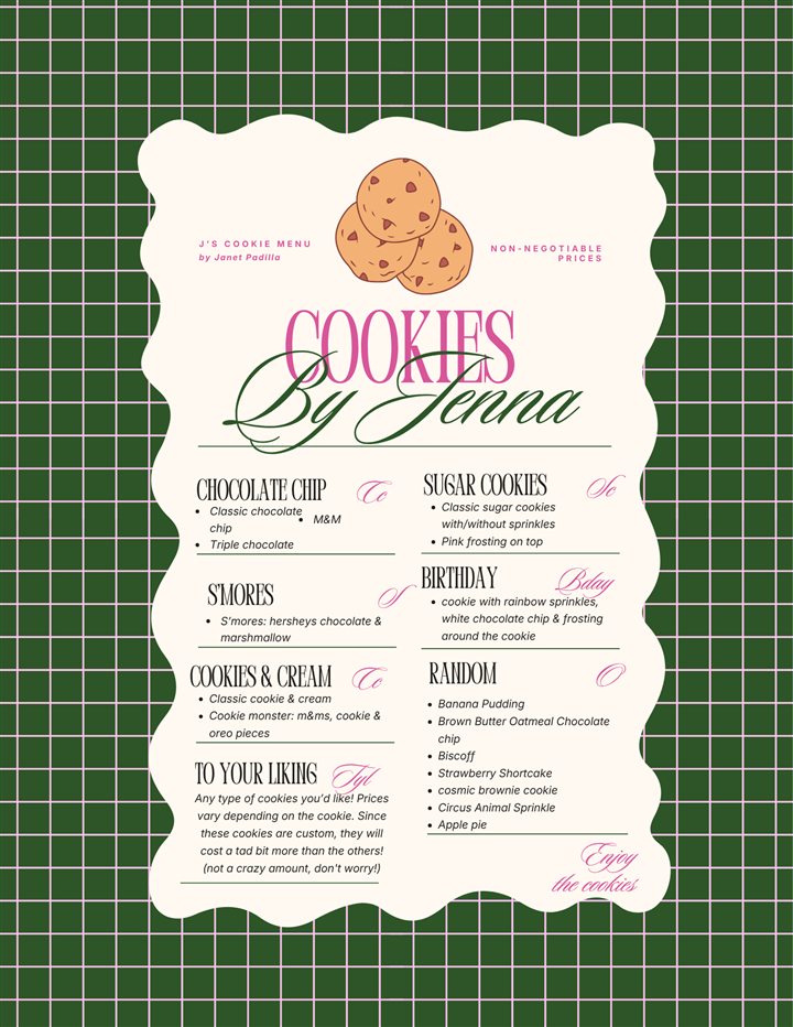 J's Cookies before: a single menu graphic
