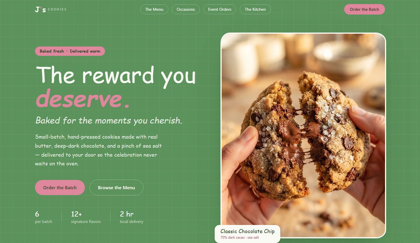 J's Cookies after: a full landing page with menu, bundles, and ordering
